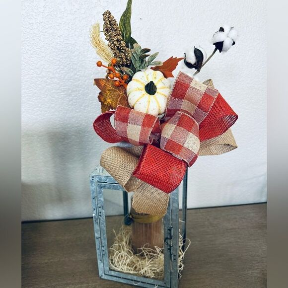 Fall Autumn Galvanized Metal Farmhouse Lantern Burlap Floral Decor - Picture 1 of 7